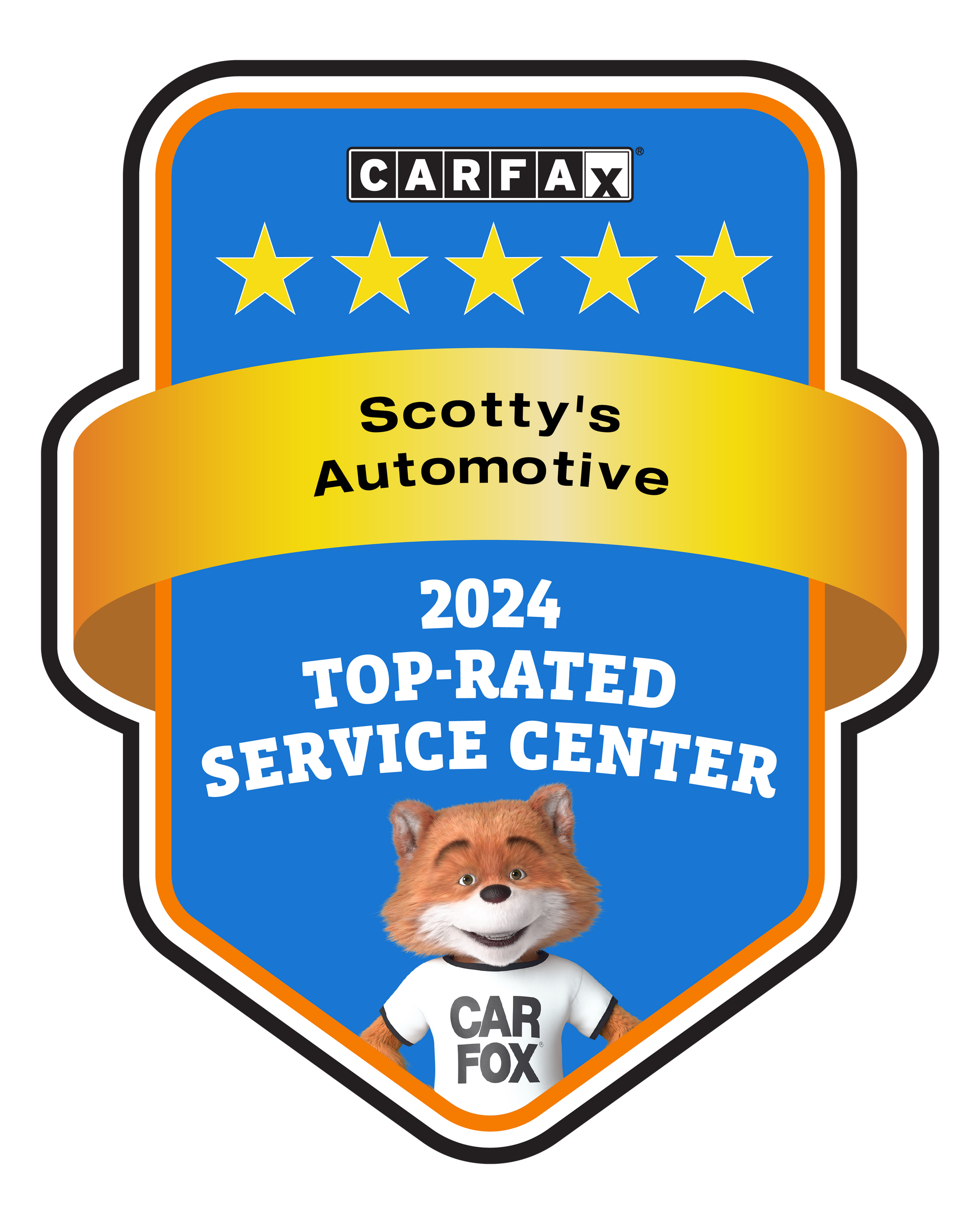 CARFAX badge for Scotty’s Automotive, 2024 Top-Rated Service Center, with stars and Car Fox mascot