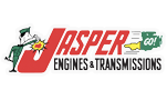 Jasper Engines & Transmissions logo: a man in a green uniform and hat pointing at a red 