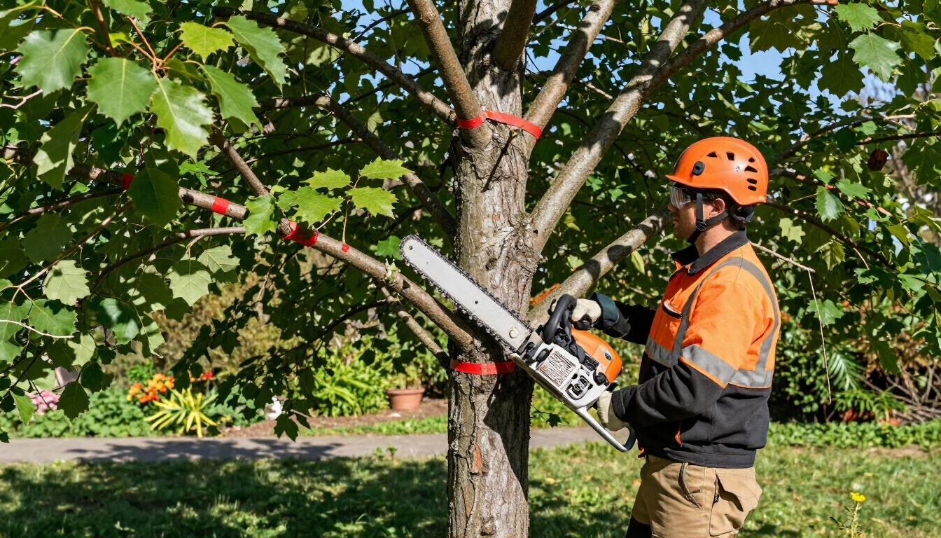 Worker guiding a large tree trunk onto a truck beside an orange crane on a street