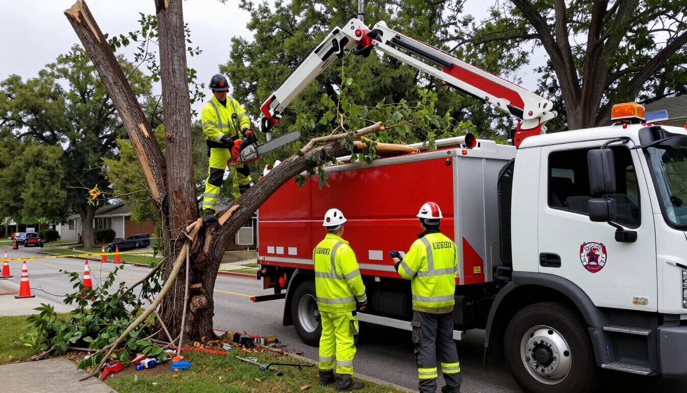 Utility workers clearing a fallen tree beside a red truck on a street, with an aerial lift boom.