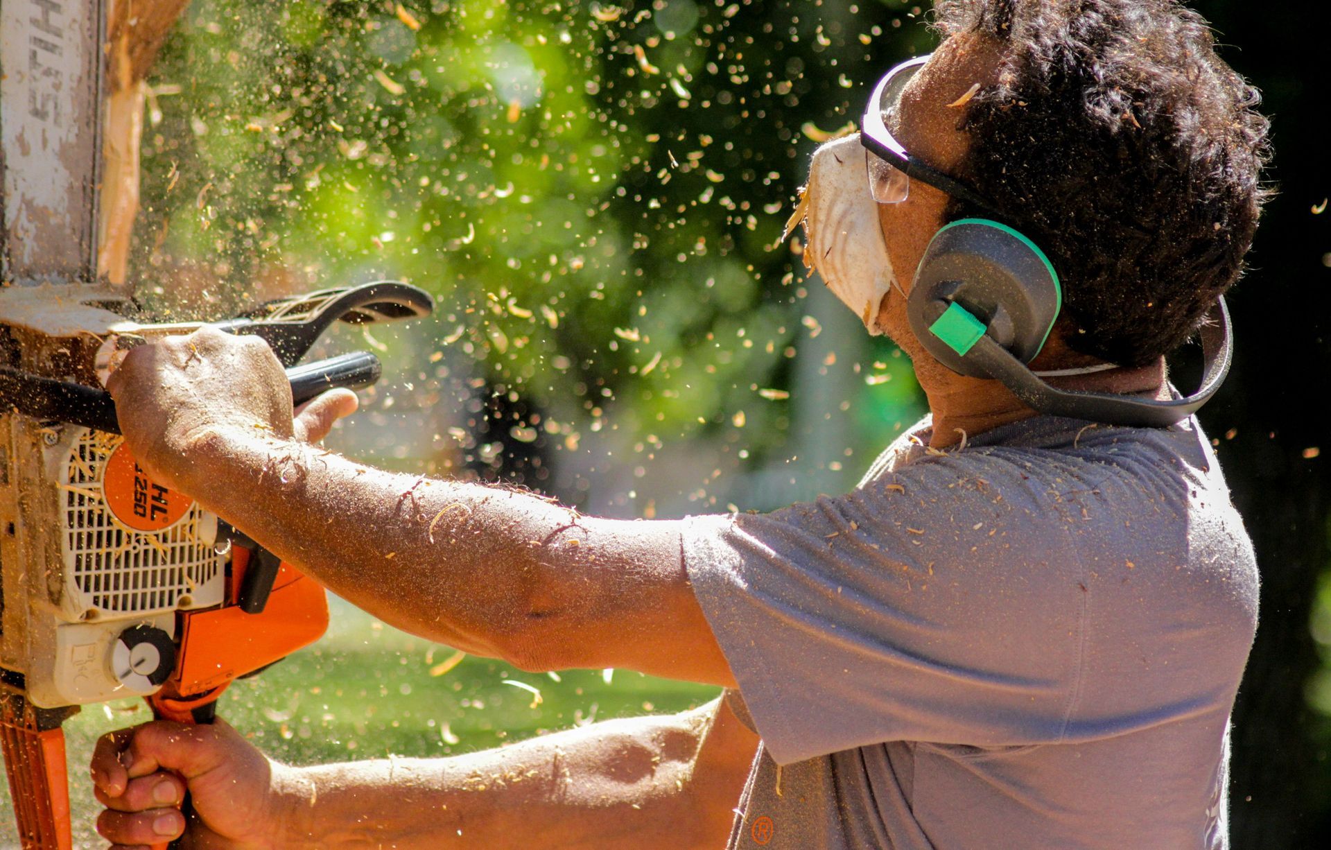 Person using a chainsaw as sawdust sprays in an outdoor work area