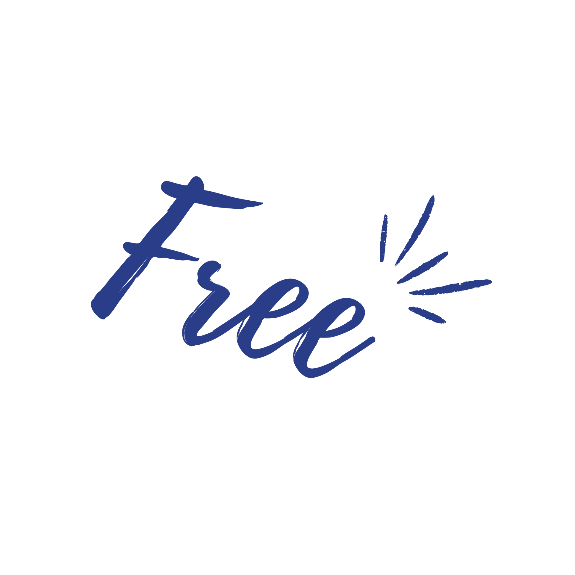 Blue handwritten word “Free” on a white background with decorative rays