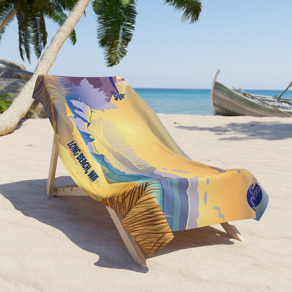 Colorful beach lounge chair on white sand by the sea, with palm trees in the background.