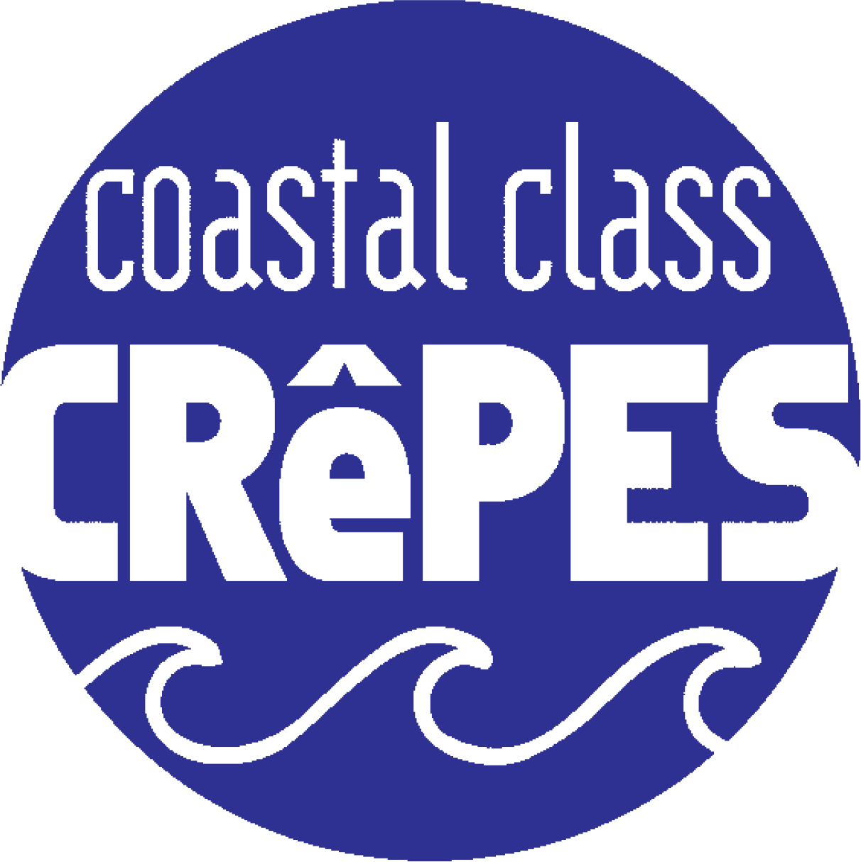 Coastal Class Crêpes logo in white on a blue circle with wave graphics