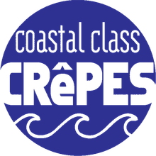 Coastal Class Crêpes logo in white on a blue circle with stylized wave lines