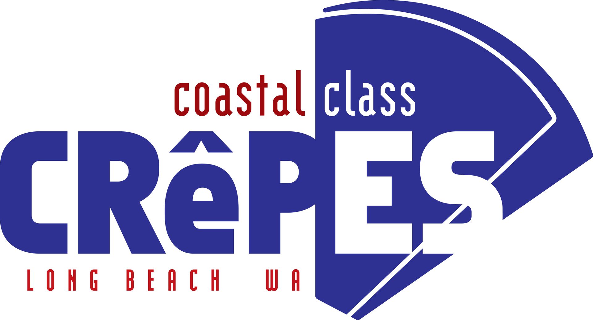 Coastal Class Crêpes logo with blue and red lettering and a stylized blue crepe graphic; Long Beach, WA