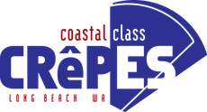Coastal Class Crêpes logo with blue and red text and a navy sail-like graphic, Long Beach, WA