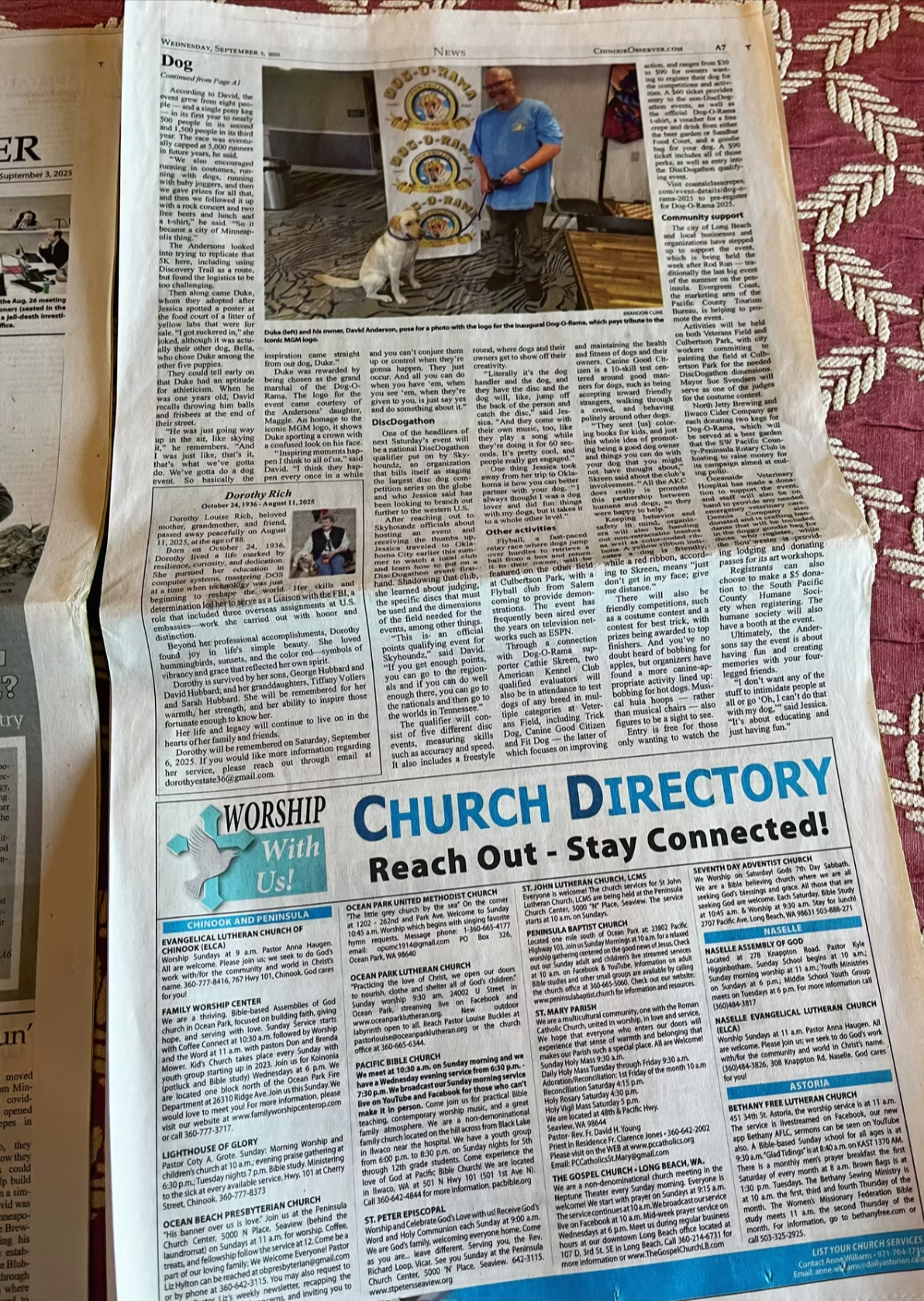 Newspaper page from the Chinook Observer with an article featuring a man in a blue shirt and a large “Church Directory” ad.