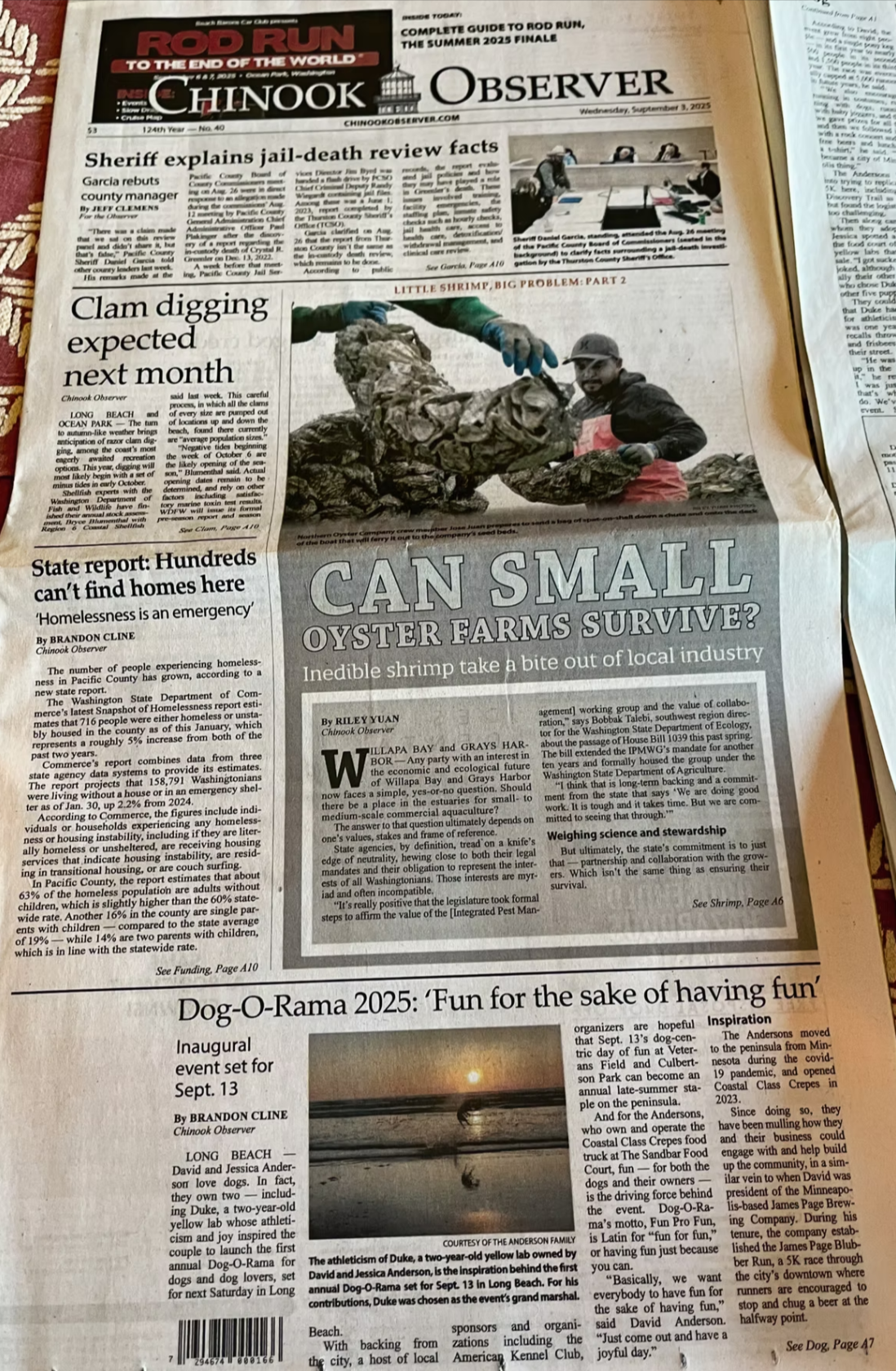 Chinook Observer Newspaper front page with a large polar bear photo and headlines about small-town news and a hunting ban