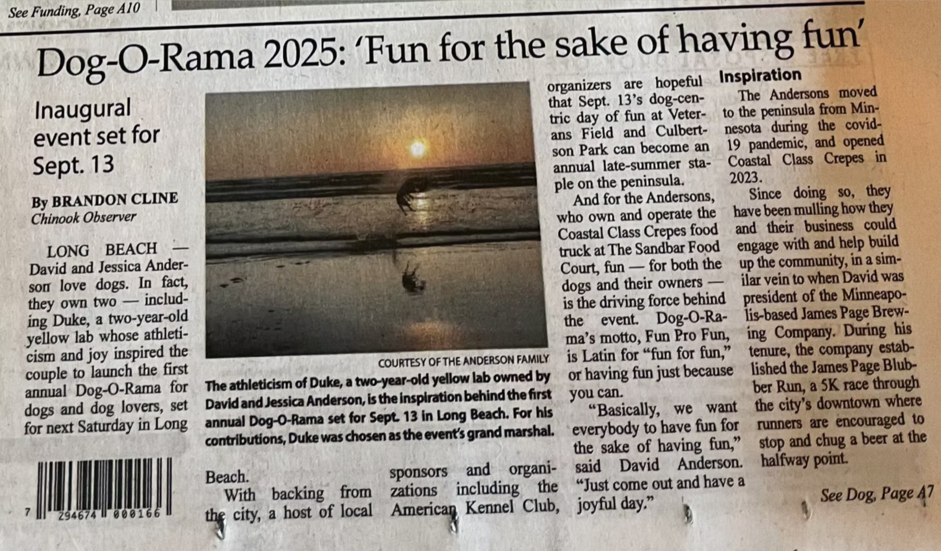 Newspaper clipping from the Chinook Observer for “Dog-O-Rama 2025” with a sunset beach photo and event details.