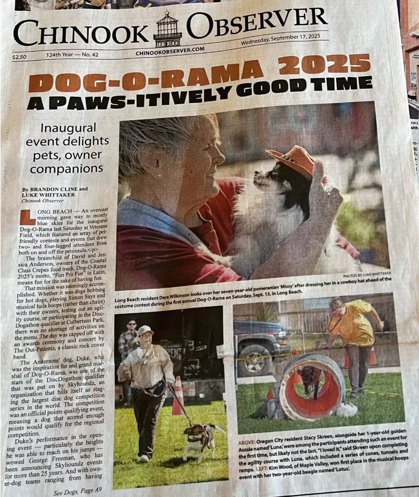 Chinook Observer Newspaper front page about Dog-o-Rama 2025 with dogs and handlers at an outdoor event