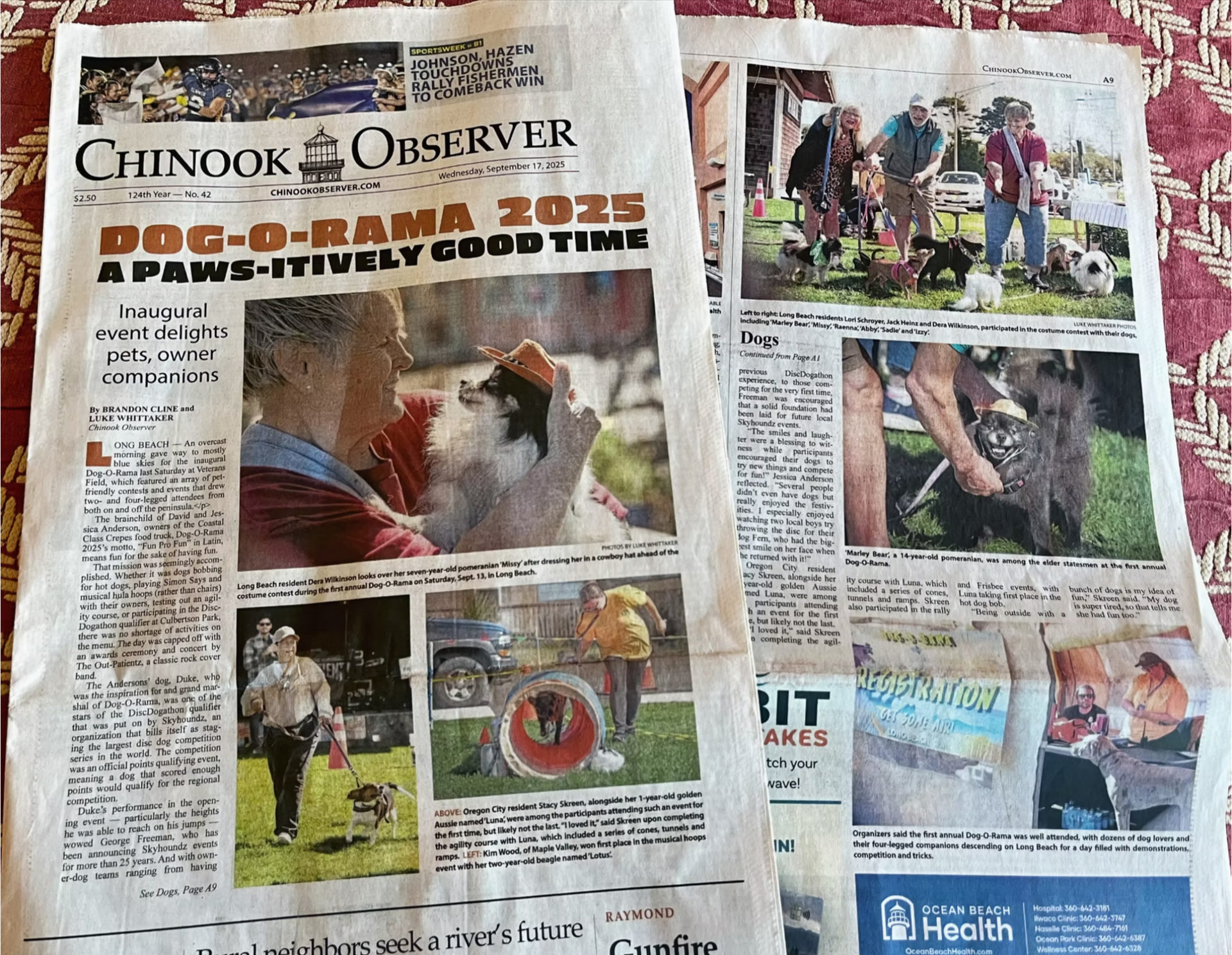 Two newspaper pages with colorful photos and headlines, including a dog parade feature in Chinook Observer