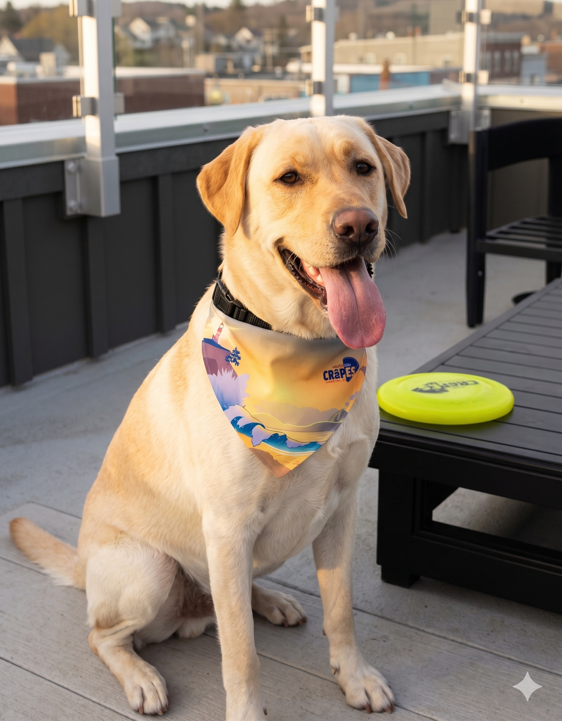 Golden retriever sitting on a deck, wearing a colorful bandana, with tongue out beside a table and frisbee.