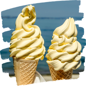 Two vanilla soft-serve cones with waffle cones against a blue sky