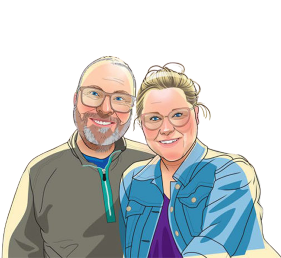 Smiling couple in casual jackets, drawn in a soft illustrated portrait style.