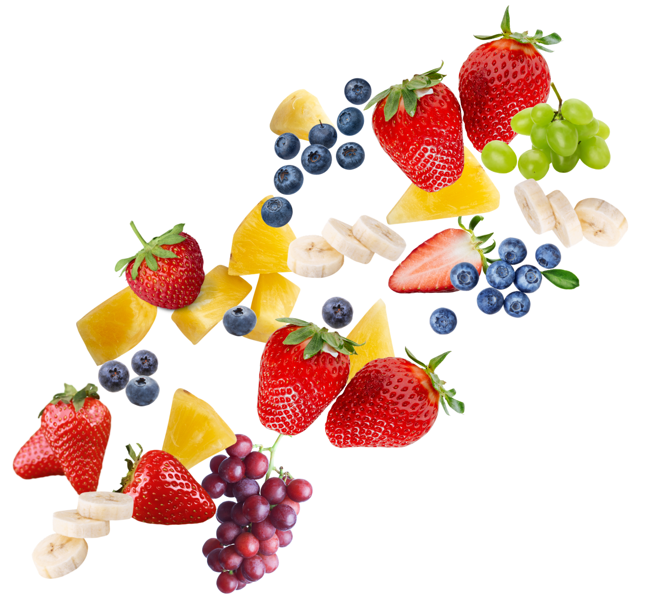 Mixed fruit arranged diagonally on a white background, including strawberries, grapes, blueberries, and pineapple chunks.