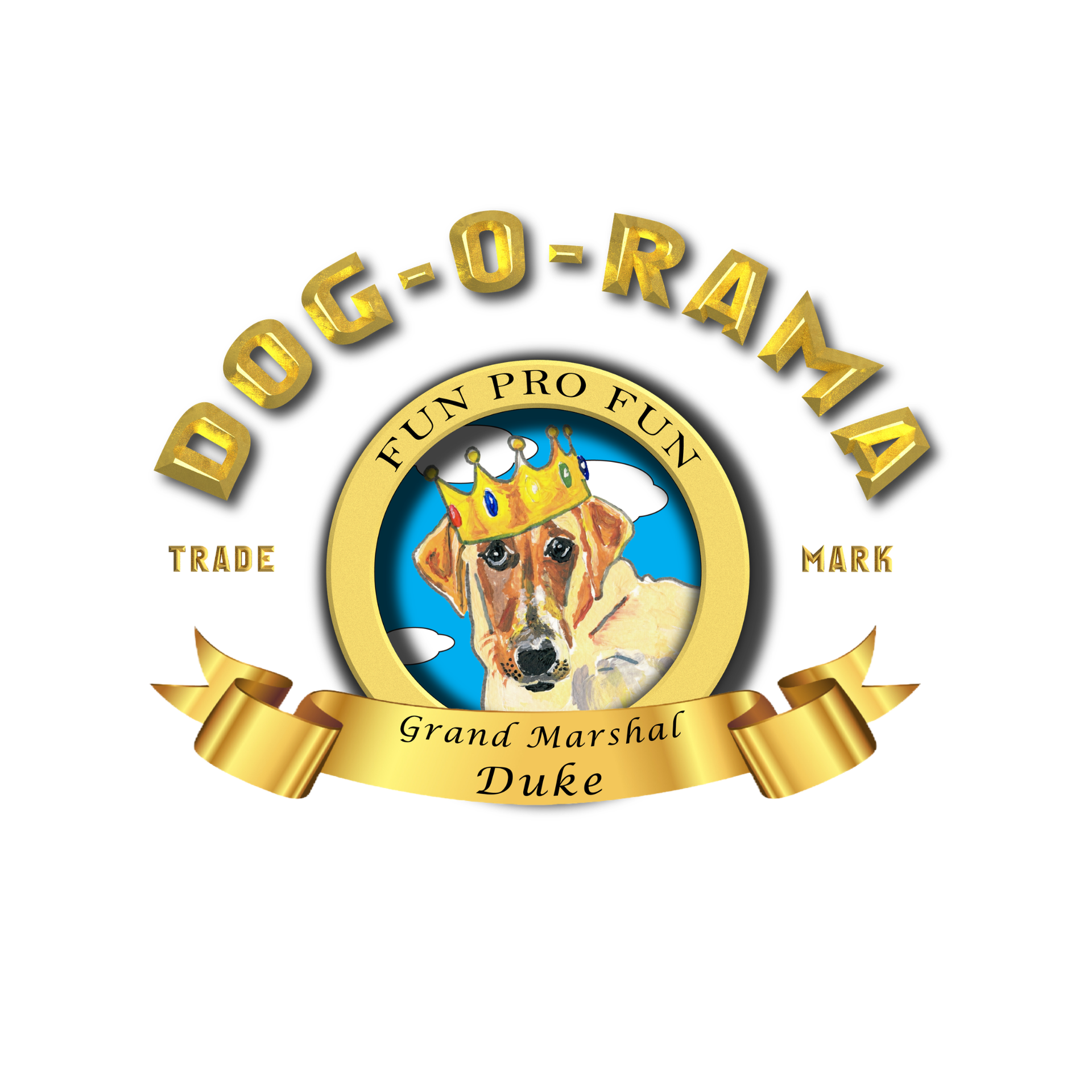 DOG-O-RAMA logo with a crowned dog in a gold medallion and ribbon, reading “Fun Pro Fun” and “Grand Marshal Duke”