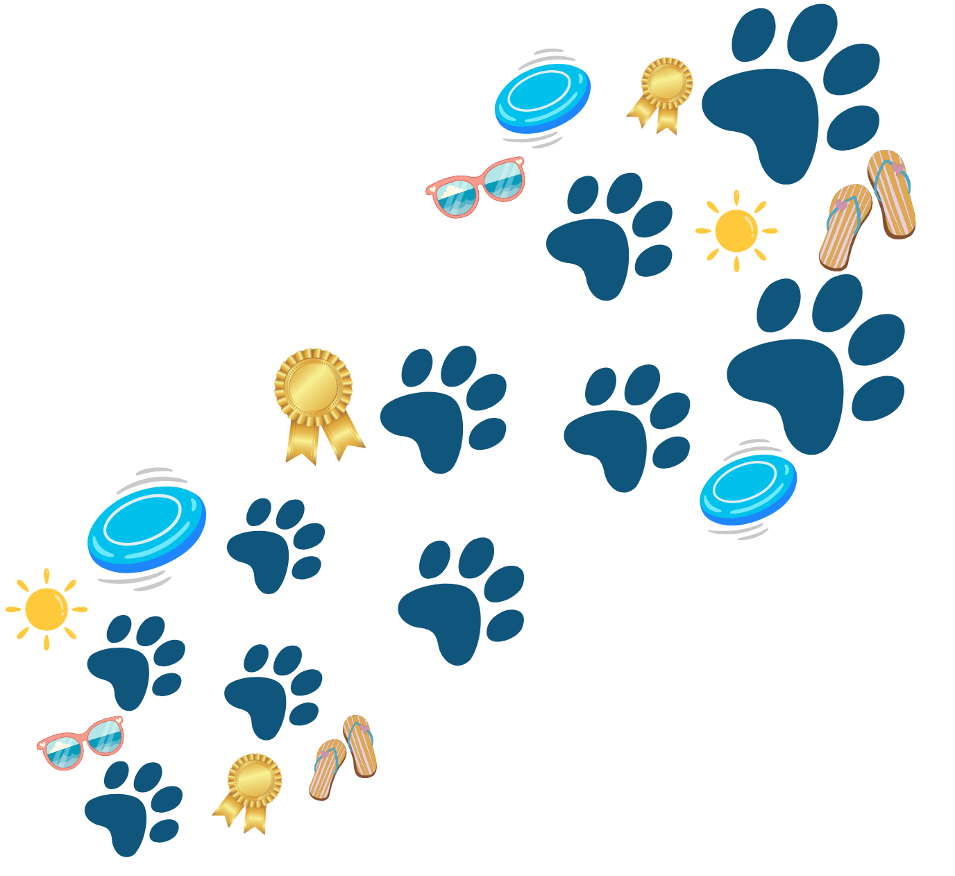 Blue paw prints and small pet icons scattered diagonally on a white background