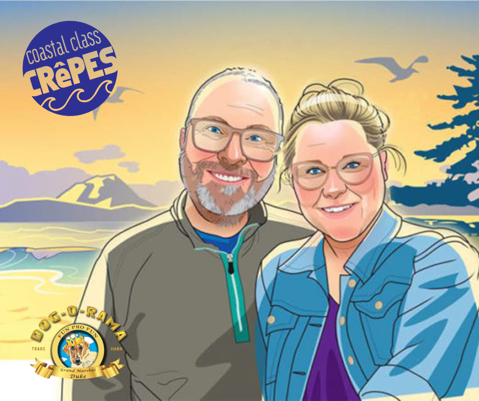Smiling couple in blue jackets with ocean sunset and restaurant logo, illustrated style