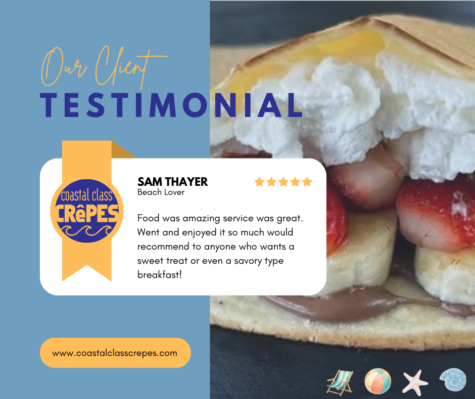 Testimonial graphic with crepe photo and customer quote on blue background