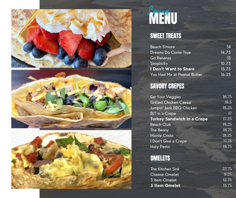 Breakfast menu with berry and savory crepes and omelets, plus plated food photos on the left.