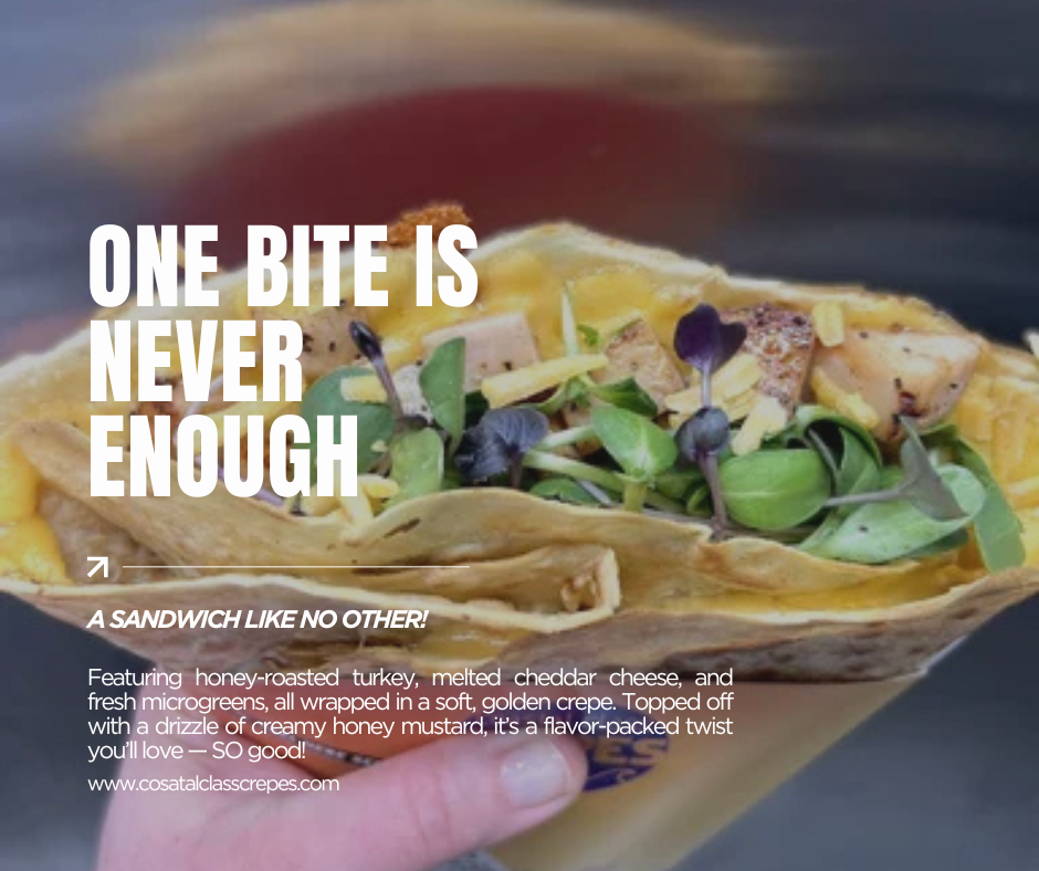 Hands holding a sandwich with greens and fillings; bold text reads “ONE BITE IS NEVER ENOUGH.”