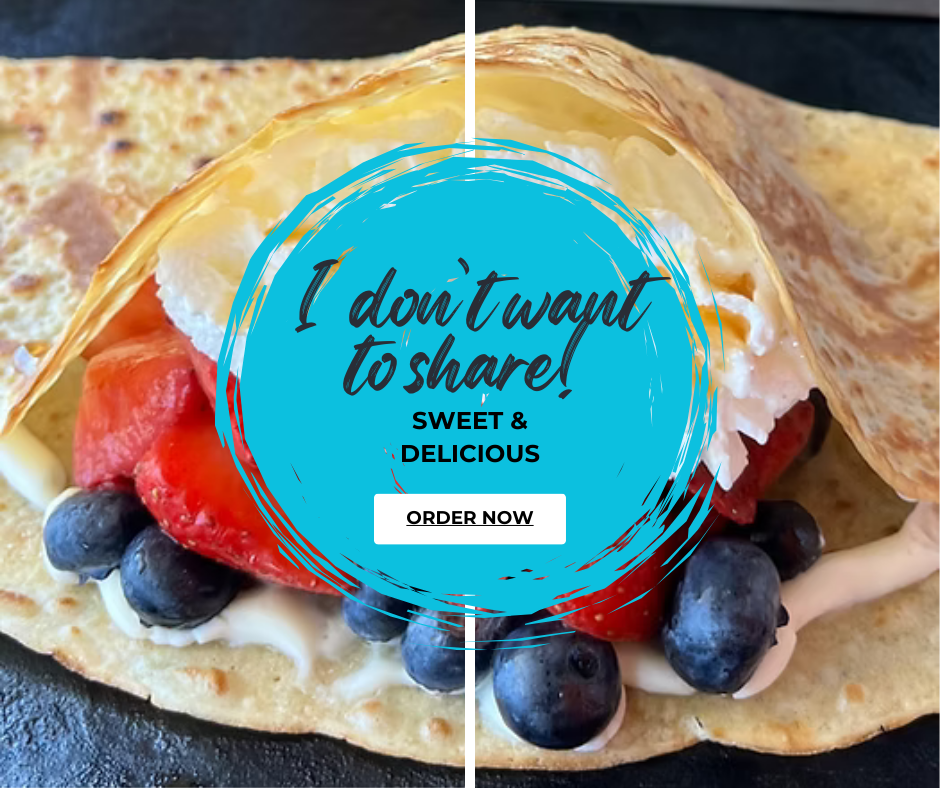 Sweet crepe with strawberries, blueberries, and cream, overlaid with “I don’t want to share! Sweet & delicious” text.