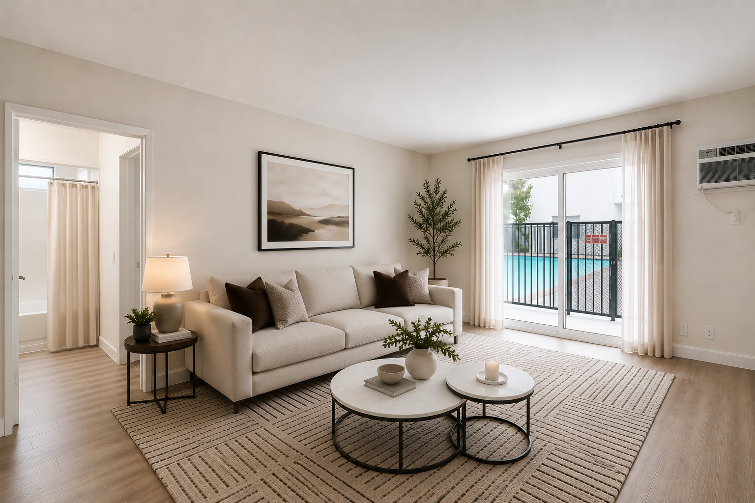 Bright living room with beige sofa, round coffee tables, rug, plant, and balcony doors with city view