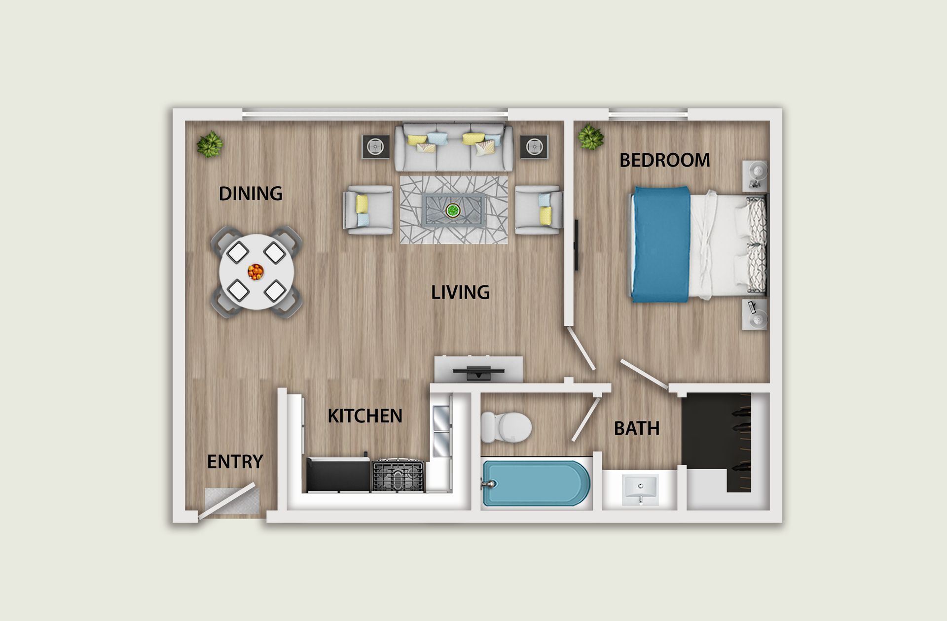 Top-down view of a small two-story apartment floor plan with bedroom, kitchen, bathroom, living area, and balcony.