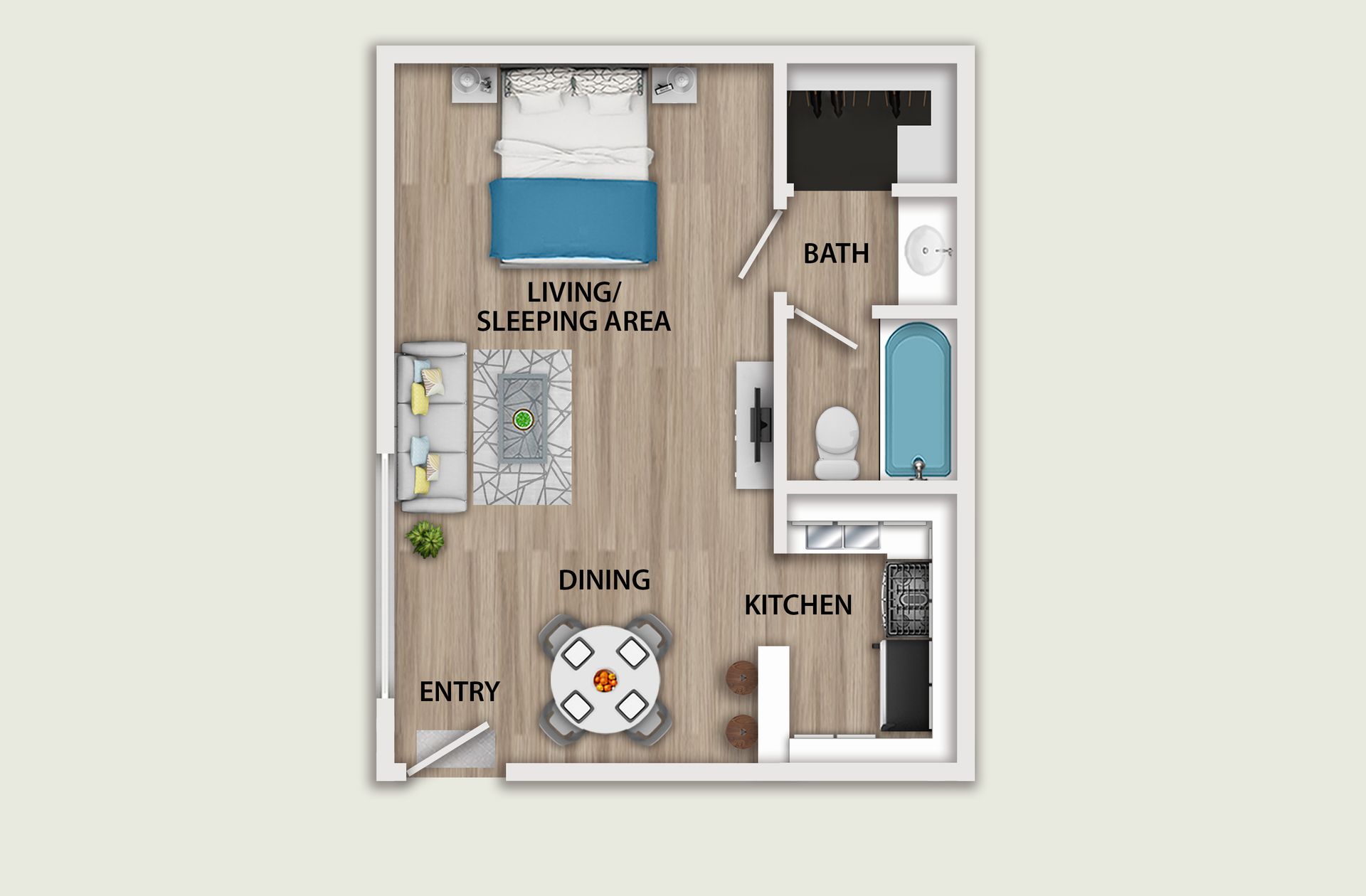 3D floor plan of a small loft apartment with kitchen, dining, living, and bedroom areas