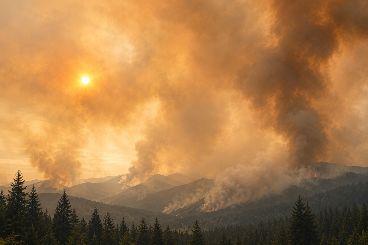 Wildfire smoke and orange flames over a forested mountain landscape at sunset