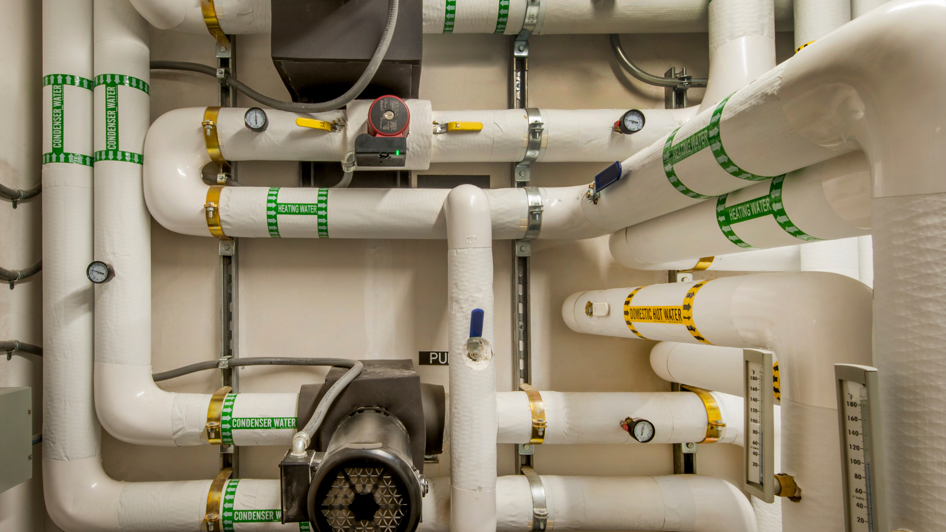 White utility pipes and valves in a mechanical room with green and yellow markings.