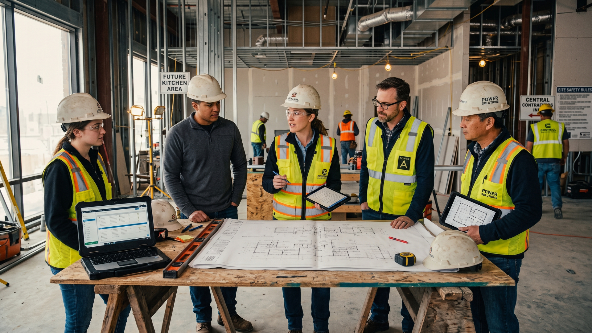 Construction team in hard hats reviewing blueprints around a table at an indoor job site