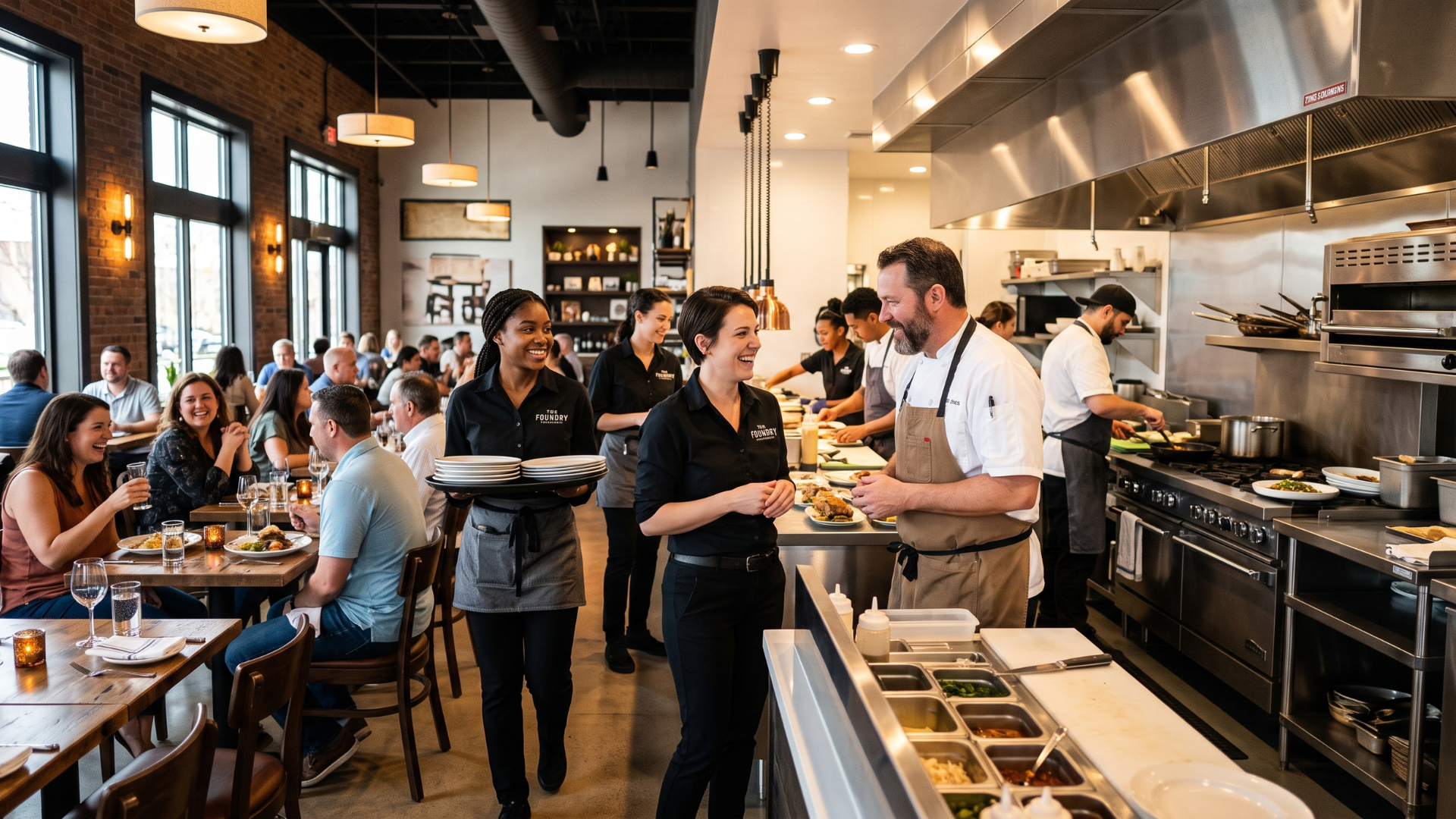 Busy restaurant kitchen with chefs serving plated dishes to diners seated at the counter