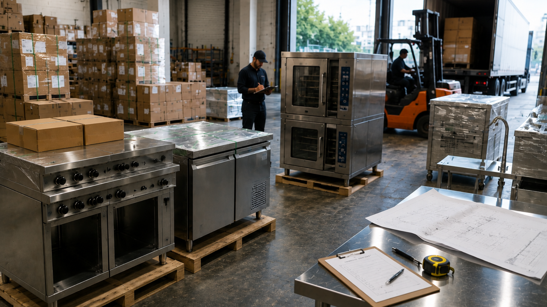Warehouse with stacked boxes, stainless steel appliances on pallets, and a worker near a forklift.