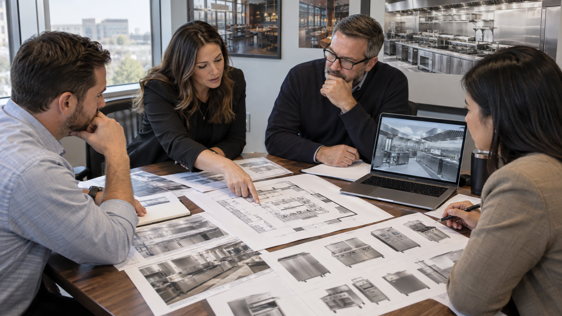 Four coworkers reviewing architectural plans and laptop screens in a meeting room