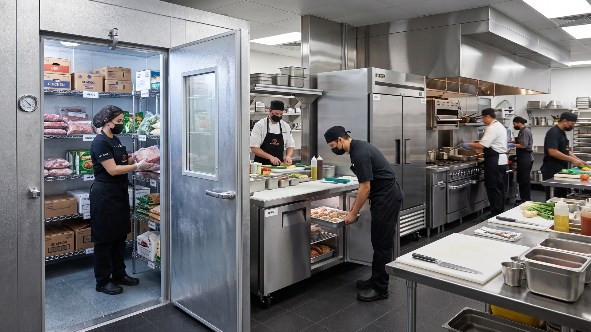 Chefs working in a stainless-steel commercial kitchen with open refrigerator and food prep stations