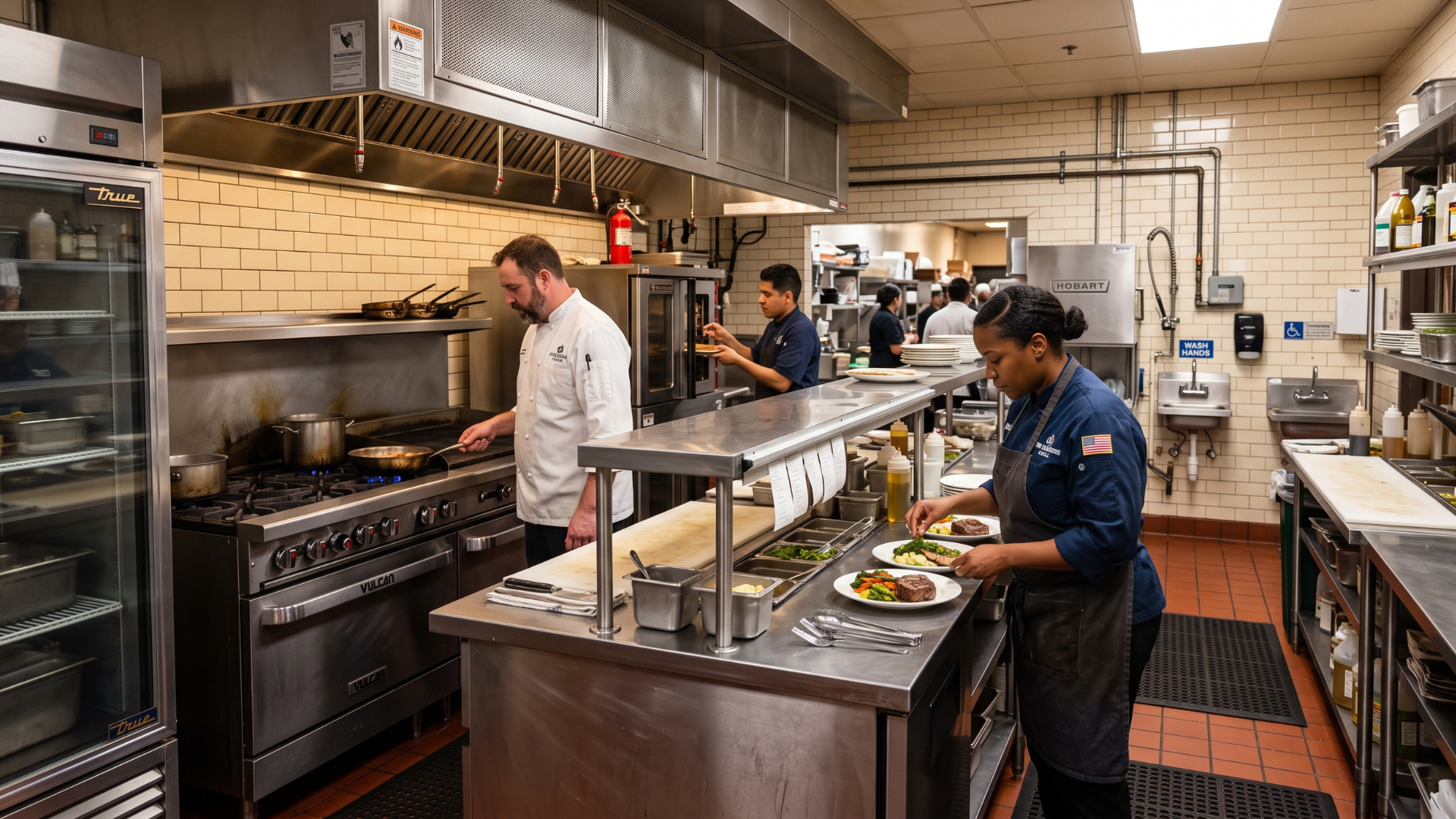 Chefs preparing food in a commercial kitchen with stainless steel counters and stoves
