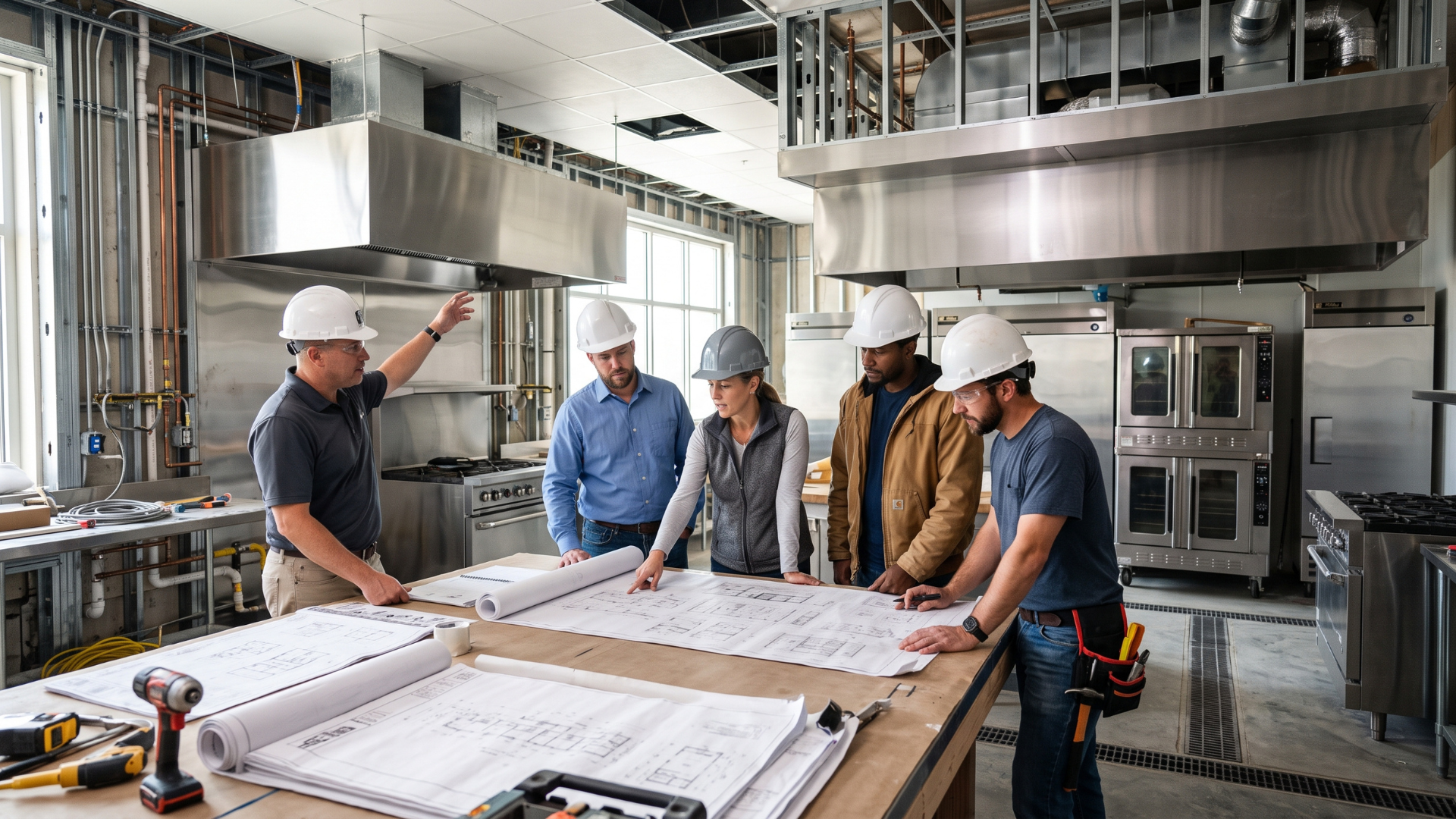 Construction team reviewing blueprints in a partially finished kitchen renovation site