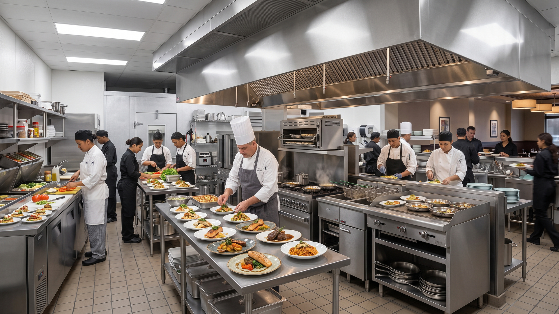 Busy commercial kitchen with chefs preparing and plating food on stainless steel counters