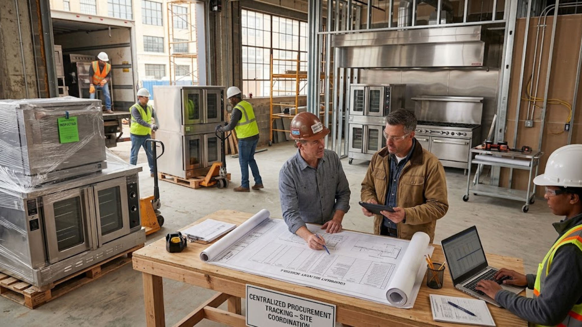 Workers reviewing blueprints at a construction site with a laptop and equipment in the background