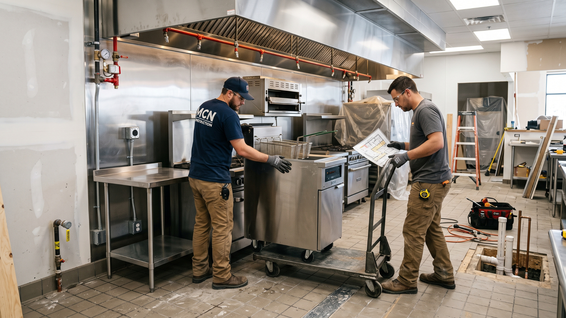 Two workers assembling stainless steel kitchen equipment in a commercial kitchen under construction