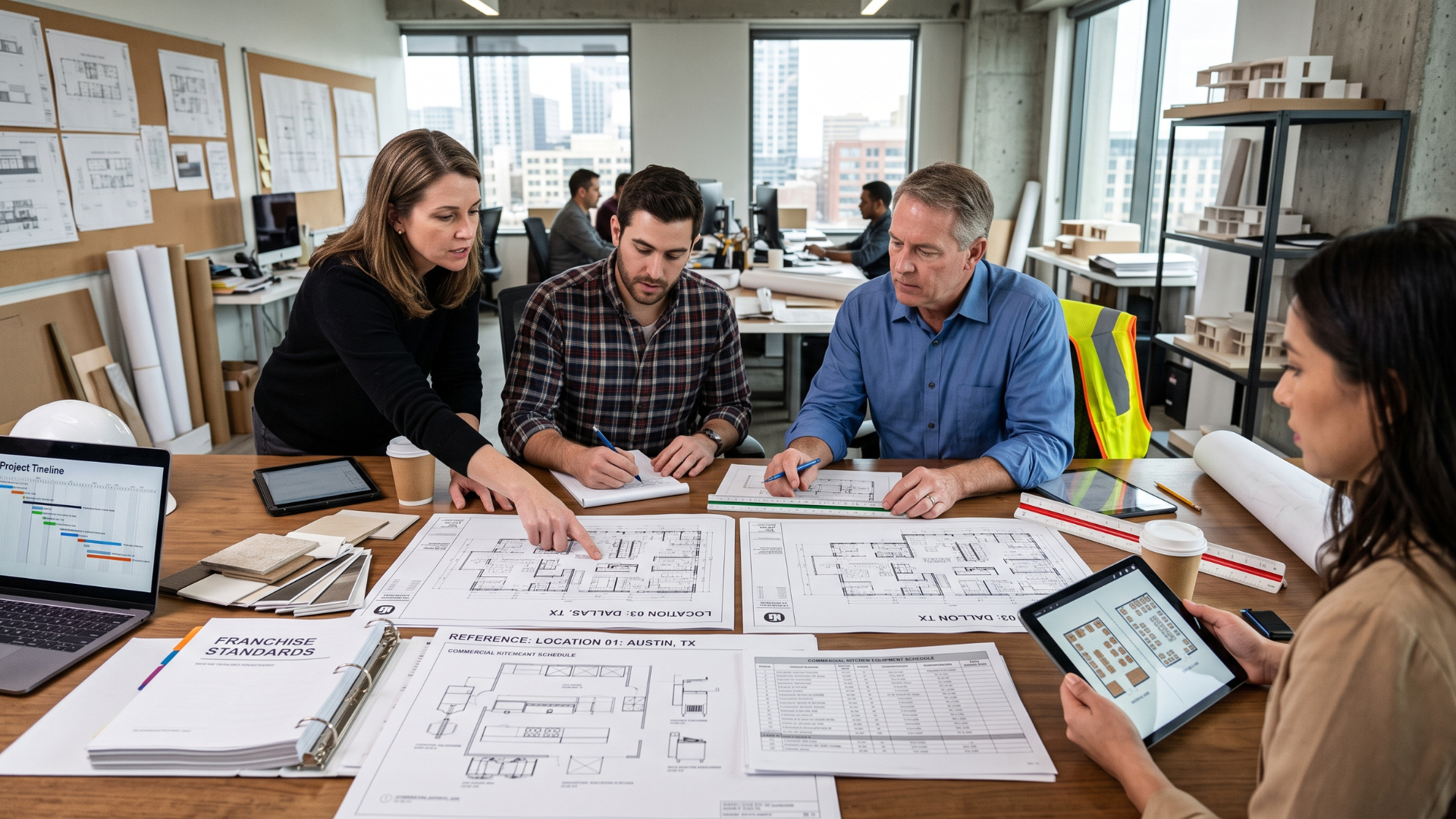 Team collaborating over design plans at a desk in a bright office, reviewing drawings and a tablet