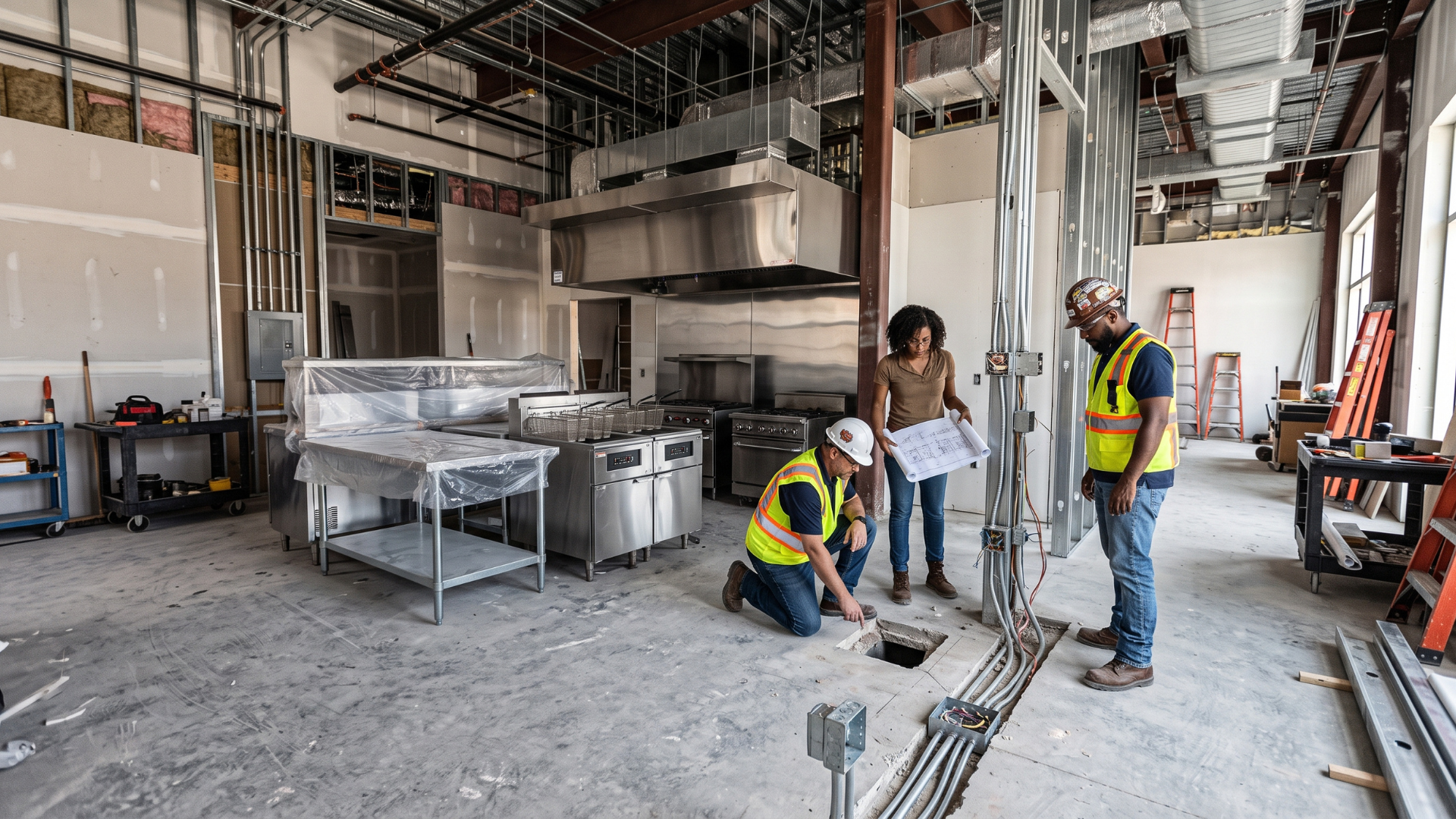 Workers in safety vests inspecting a construction site with exposed wiring and unfinished walls.