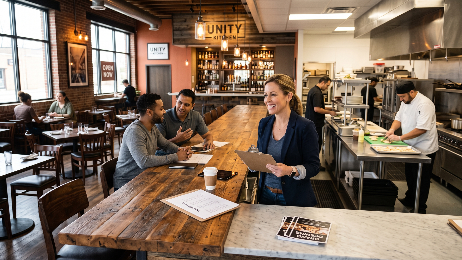 People chatting at a rustic cafe with a long wooden table and an open kitchen in the background