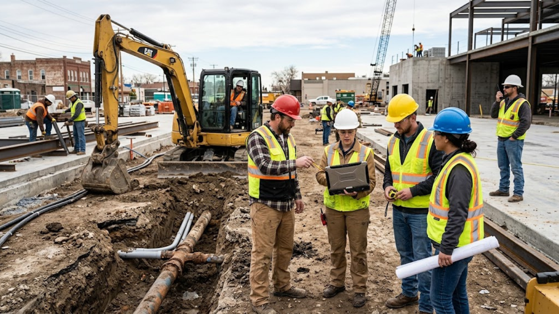 Construction crew in hard hats reviewing plans beside an excavator at a muddy building site.