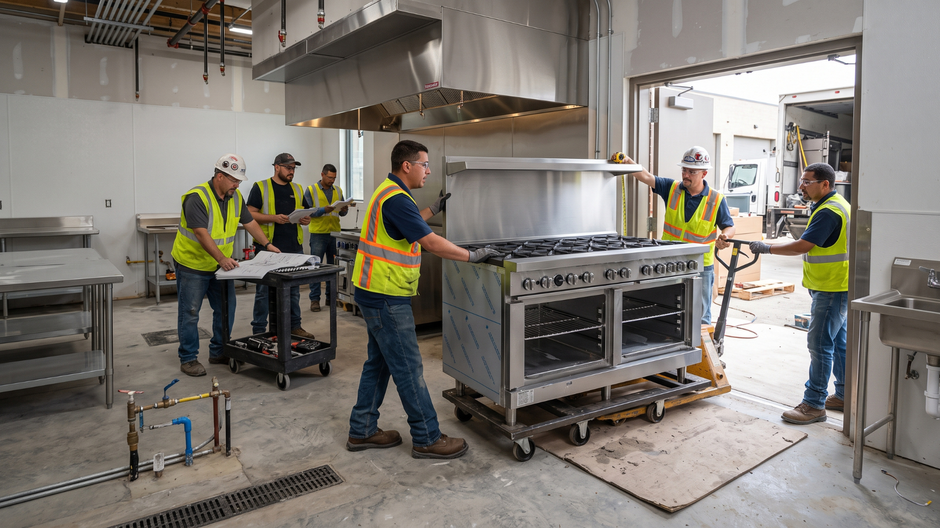 Workers in yellow safety vests move a large stainless-steel appliance through a commercial kitchen under construction