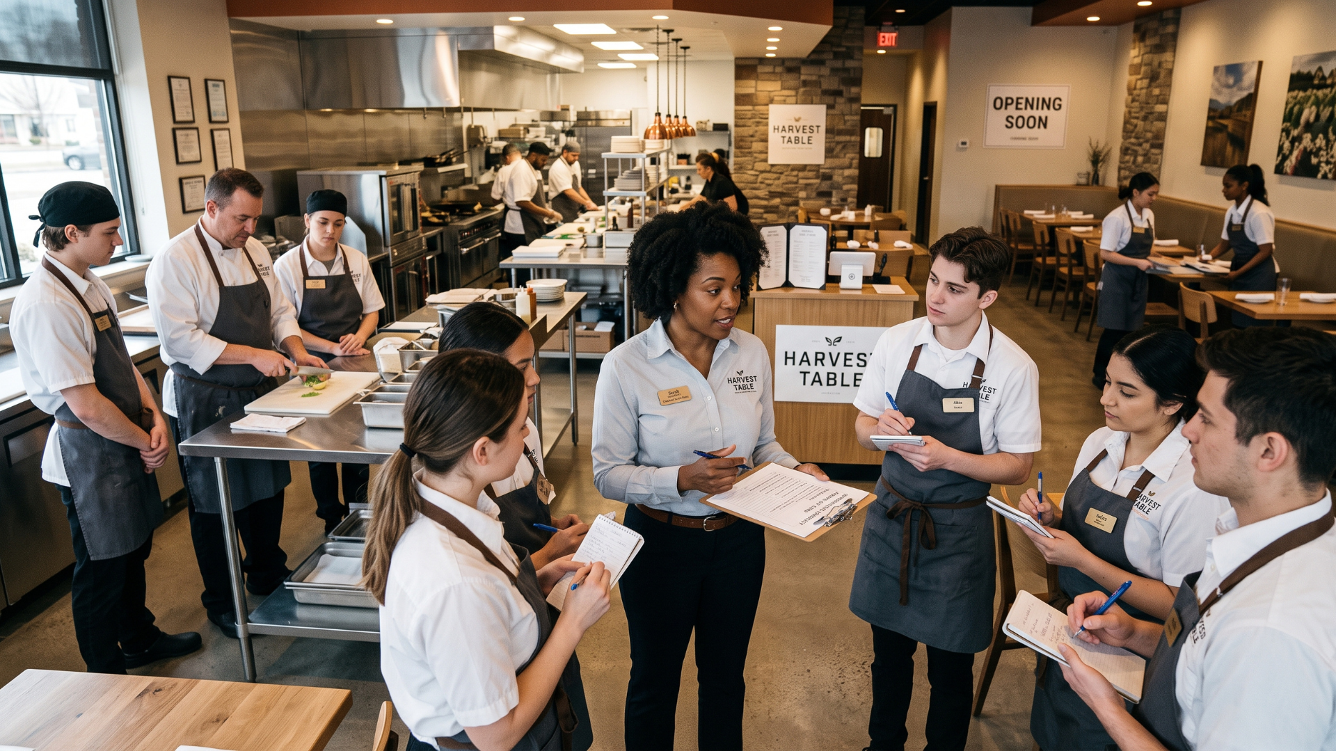 Group of coworkers in aprons discussing notes in a busy cafe kitchen
