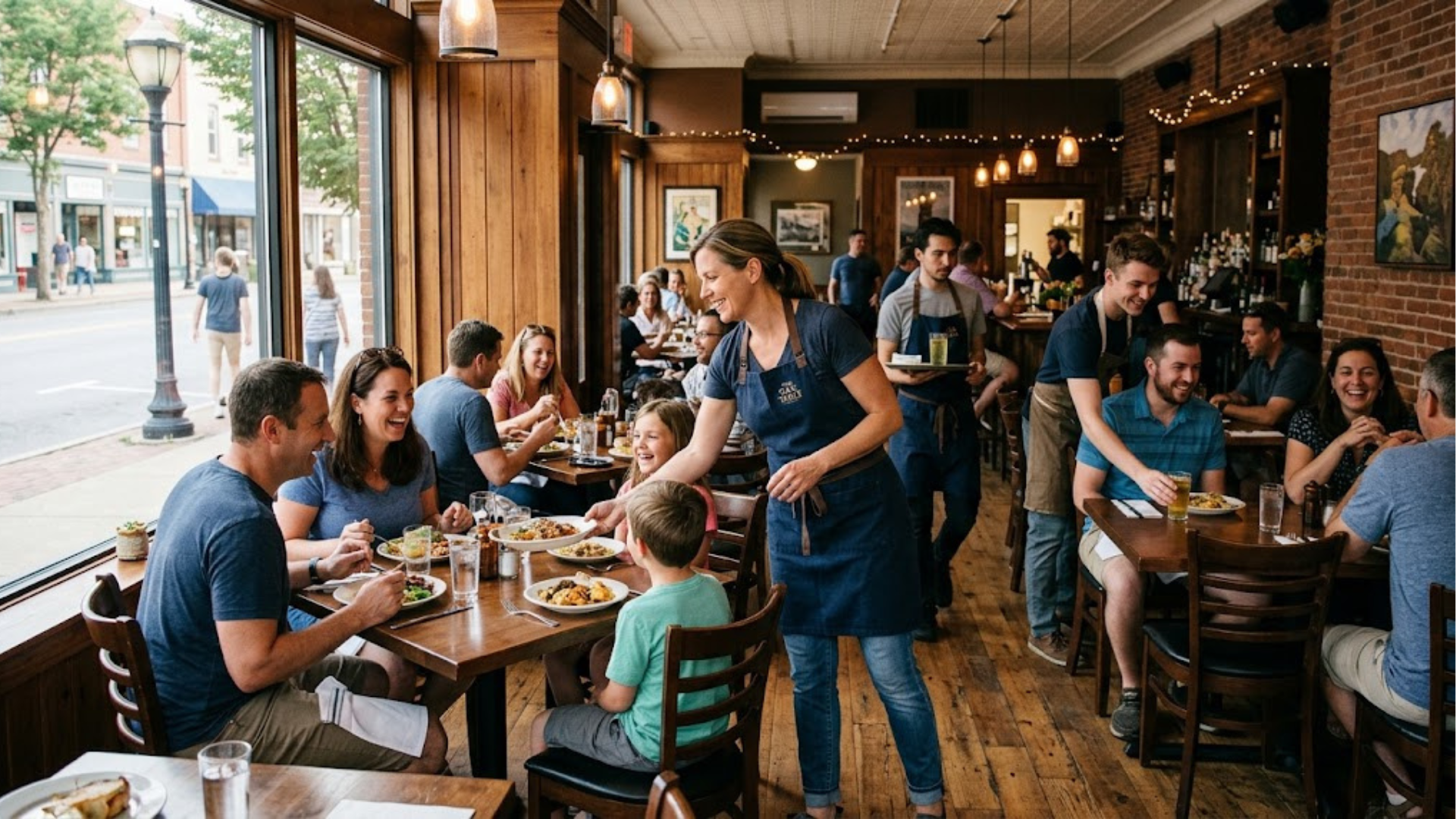 People dining and chatting in a lively, rustic café with wooden tables and large street-facing windows.