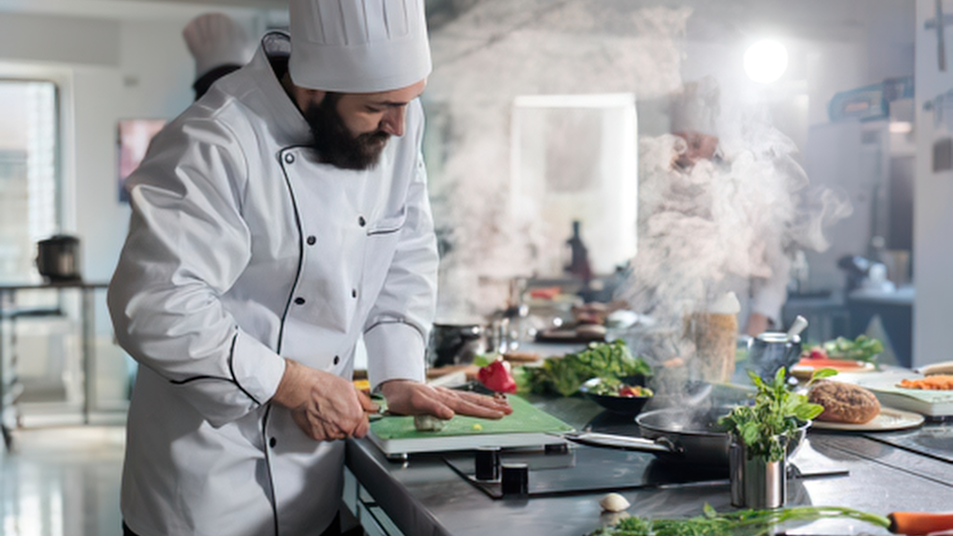 Chef plating a salad in a bright commercial kitchen with steam rising from the stovetop.